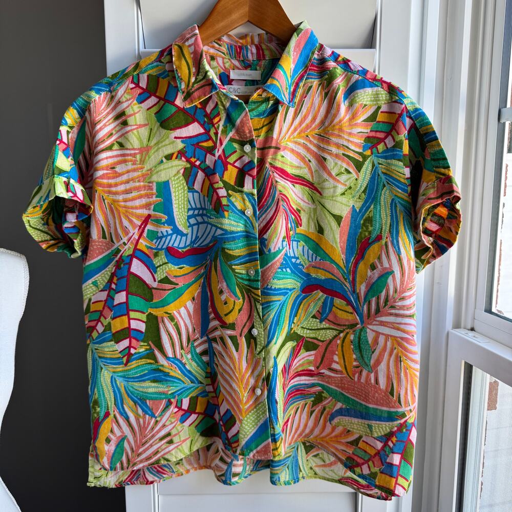 C&C CALIFORNIA Bright Colorful Tropical Top Womens M 100% Linen Lightweight